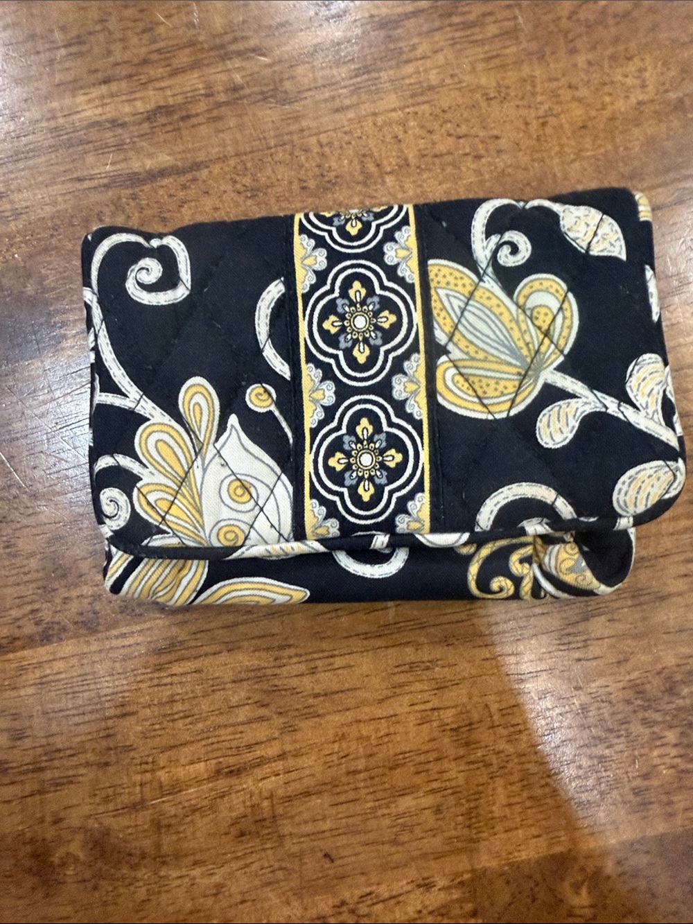 Vera Bradley Black Quilted Floral Wallet with Yellow Accents
